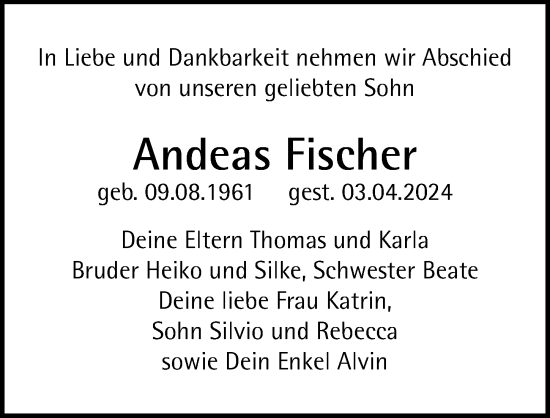 Traueranzeige von Andeas Fischer von Leipziger Volkszeitung