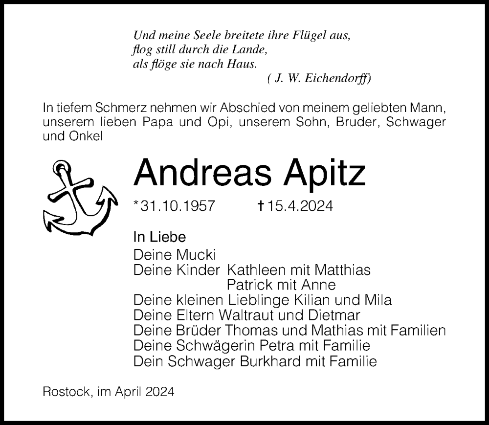 Traueranzeige für Andreas Apitz vom 27.04.2024 aus Ostsee-Zeitung GmbH