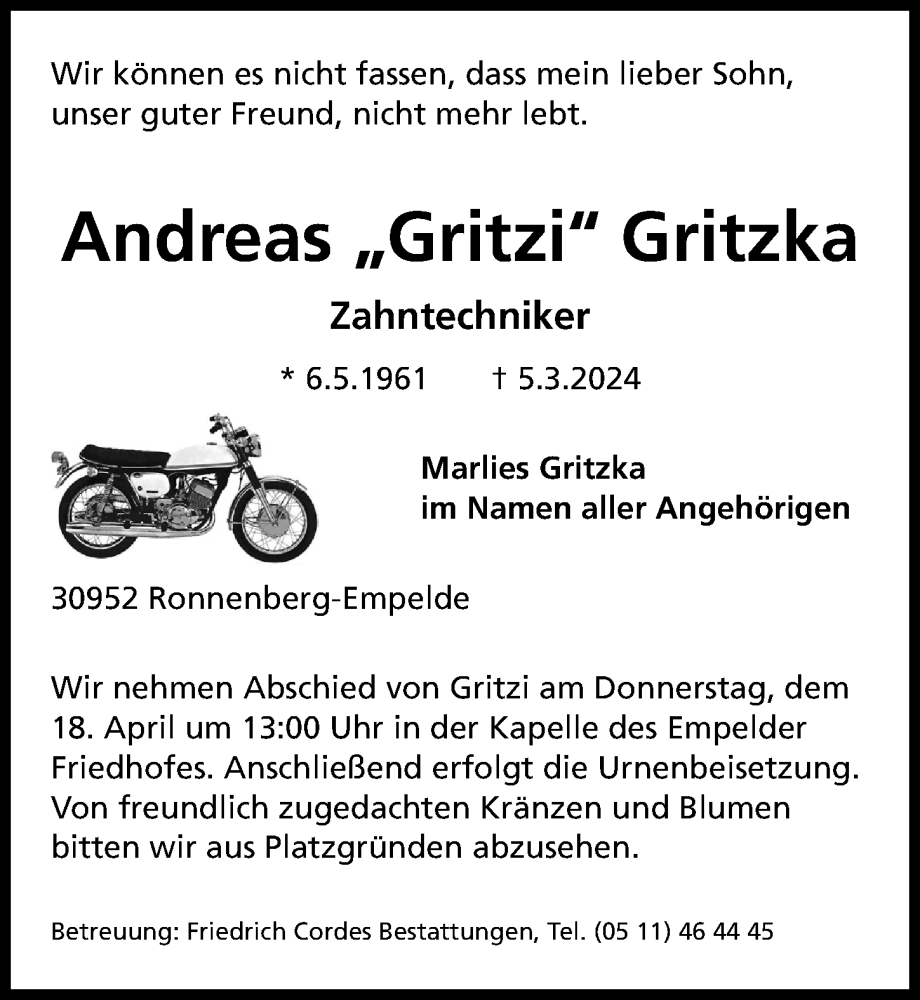  Traueranzeige für Andreas  Gritzka vom 13.04.2024 aus Hannoversche Allgemeine Zeitung/Neue Presse