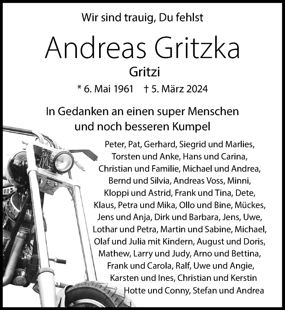  Traueranzeige für Andreas  Gritzka vom 13.04.2024 aus Hannoversche Allgemeine Zeitung/Neue Presse