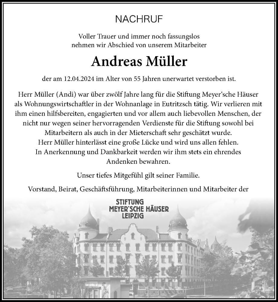  Traueranzeige für Andreas Müller vom 27.04.2024 aus Leipziger Volkszeitung