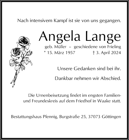 Traueranzeige von Angela Lange von Göttinger Tageblatt