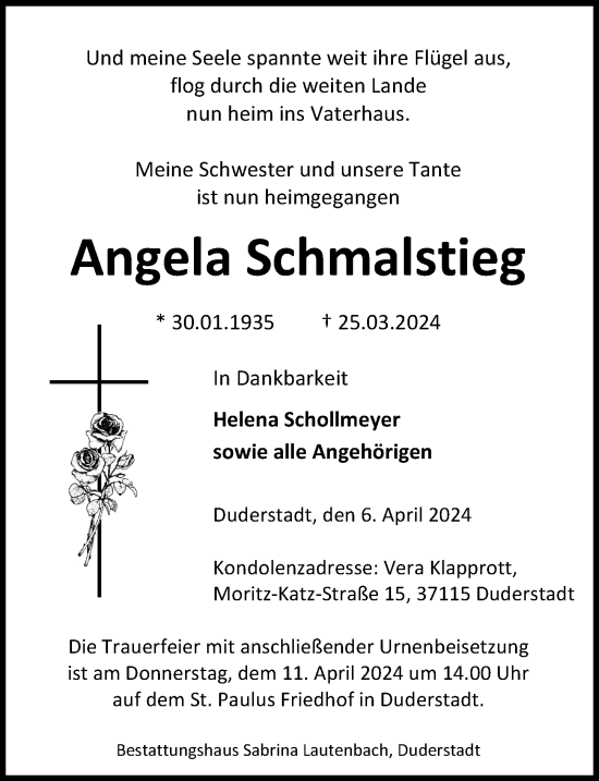Traueranzeige von Angela Schmalstieg von Eichsfelder Tageblatt