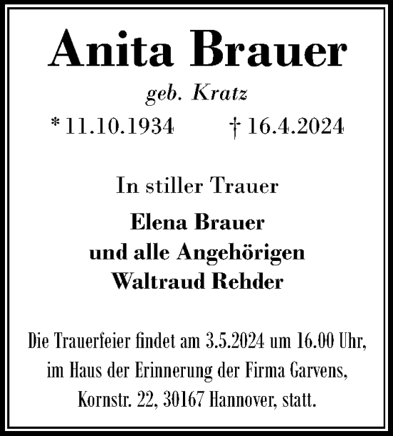 Traueranzeige von Anita Brauer von Hannoversche Allgemeine Zeitung/Neue Presse