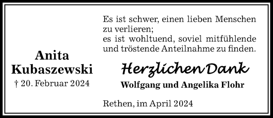 Traueranzeige von Anita Kubaszewski von Hannoversche Allgemeine Zeitung/Neue Presse