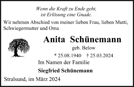 Traueranzeige von Anita Schünemann von Ostsee-Zeitung GmbH