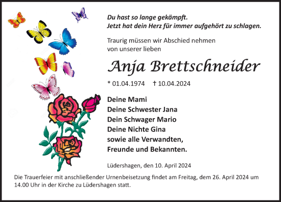 Traueranzeige von Anja Brettschneider von Ostsee-Zeitung GmbH