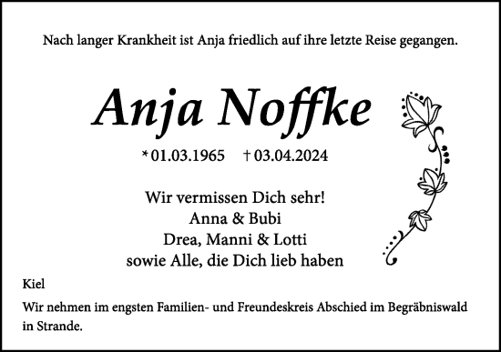 Traueranzeige von Anja Noffke von Kieler Nachrichten