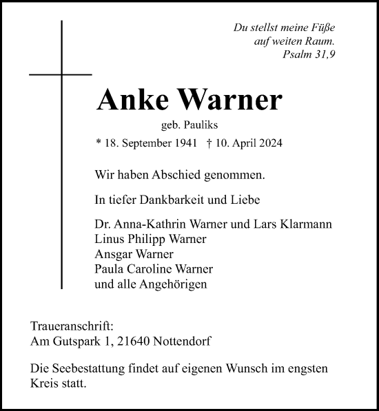 Traueranzeige von Anke Warner von Lübecker Nachrichten