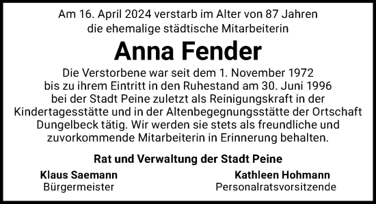 Traueranzeige von Anna Fender von Peiner Allgemeine Zeitung