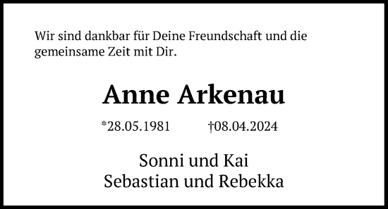 Traueranzeige von Anne Arkenau von Kieler Nachrichten