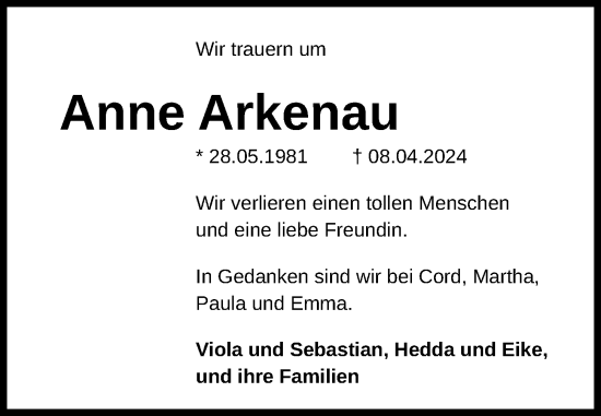 Traueranzeige von Anne Arkenau von Kieler Nachrichten