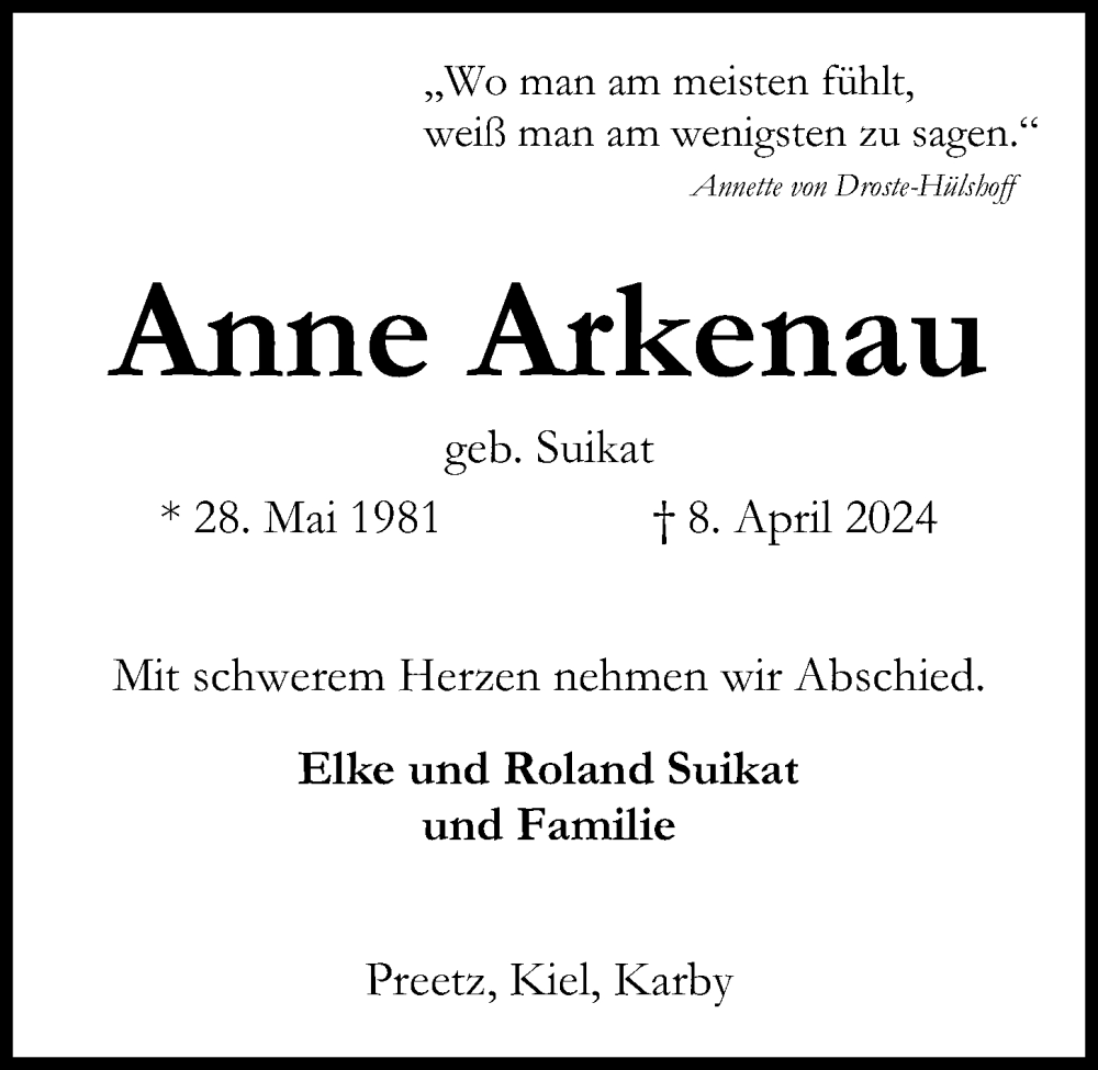  Traueranzeige für Anne Arkenau vom 13.04.2024 aus Kieler Nachrichten