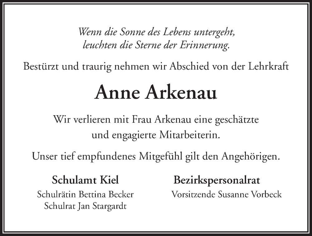  Traueranzeige für Anne Arkenau vom 16.04.2024 aus Kieler Nachrichten