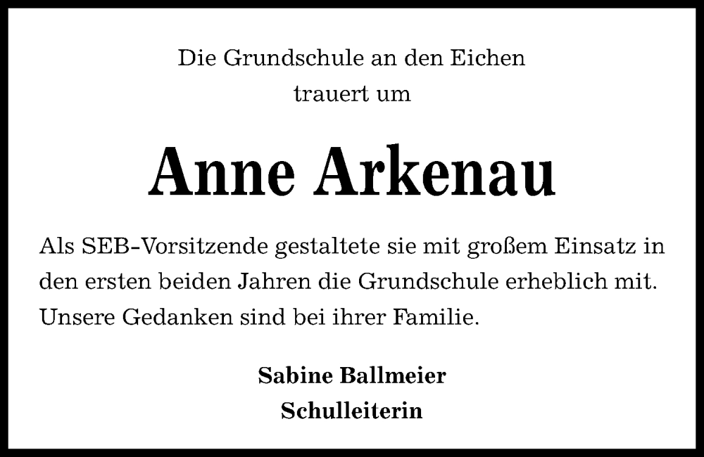  Traueranzeige für Anne Arkenau vom 13.04.2024 aus Kieler Nachrichten
