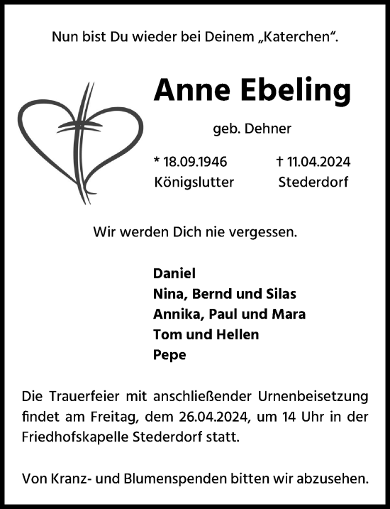 Traueranzeige von Anne Ebeling von Peiner Allgemeine Zeitung