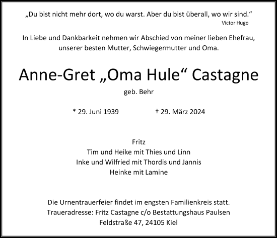 Traueranzeige von Anne-Gret Castagne von Kieler Nachrichten