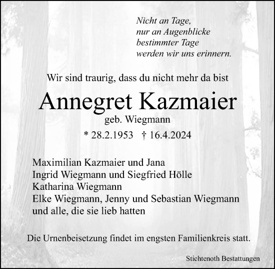 Traueranzeige von Annegret Kazmaier von Göttinger Tageblatt