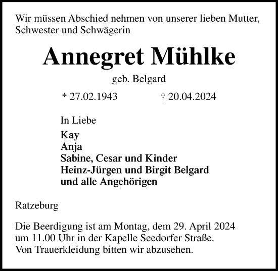 Traueranzeige von Annegret Mühlke von Lübecker Nachrichten