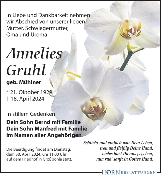 Traueranzeige von Annelies Gruhl von Leipziger Volkszeitung