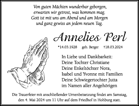 Traueranzeige von Annelies Perl von Leipziger Volkszeitung