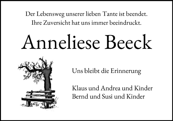 Traueranzeige von Anneliese Beeck von Kieler Nachrichten