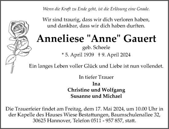 Traueranzeige von Anneliese Gauert von Hannoversche Allgemeine Zeitung/Neue Presse