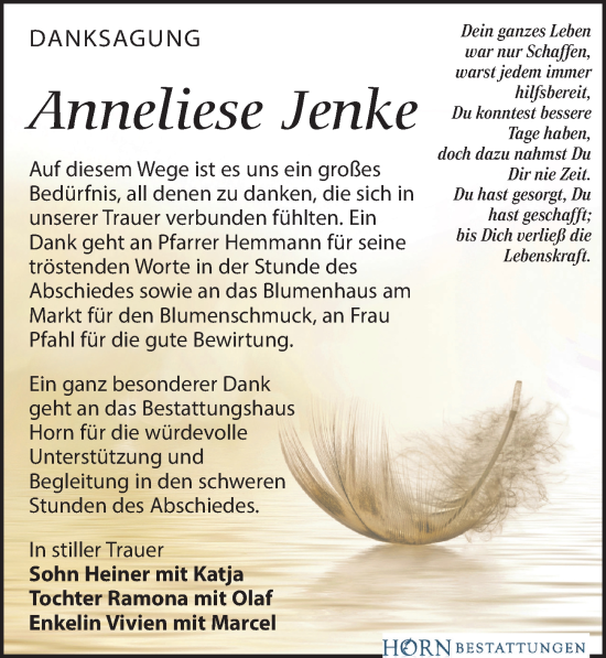 Traueranzeige von Anneliese Jenke von Leipziger Volkszeitung