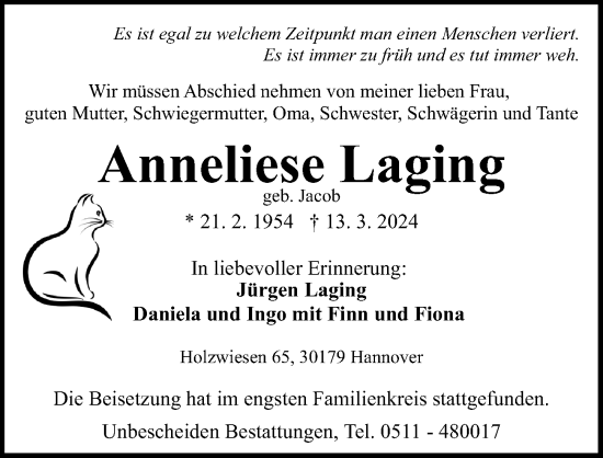 Traueranzeige von Anneliese Laging von Hannoversche Allgemeine Zeitung/Neue Presse