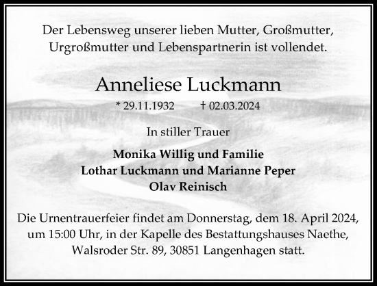 Traueranzeige von Anneliese Luckmann von Hannoversche Allgemeine Zeitung/Neue Presse