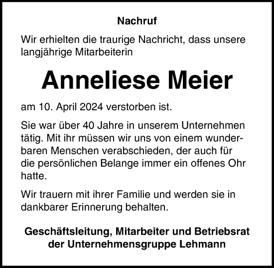 Traueranzeige von Anneliese Meier von Lübecker Nachrichten