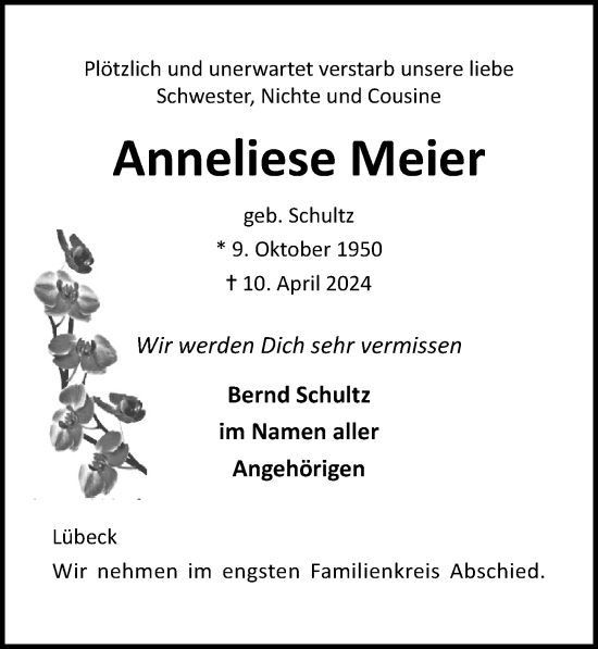 Traueranzeige von Anneliese Meier von Lübecker Nachrichten