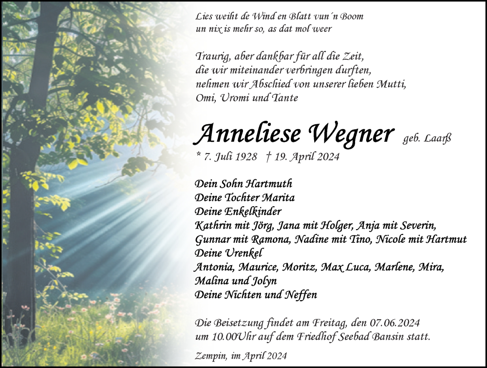  Traueranzeige für Anneliese Wegner vom 27.04.2024 aus Ostsee-Zeitung GmbH