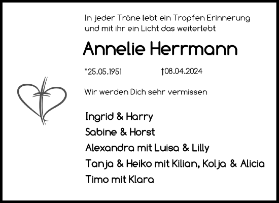 Traueranzeige von Annelle Herrmann von Lübecker Nachrichten