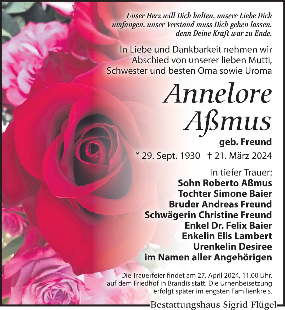  Traueranzeige für Annelore Aßmus vom 13.04.2024 aus Leipziger Volkszeitung