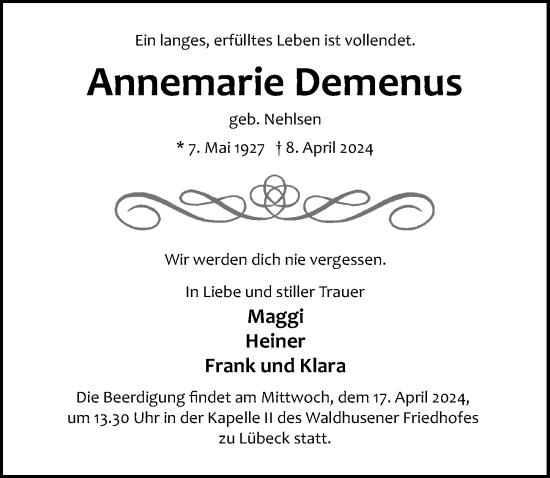 Traueranzeige von Annemarie Demenus von Lübecker Nachrichten
