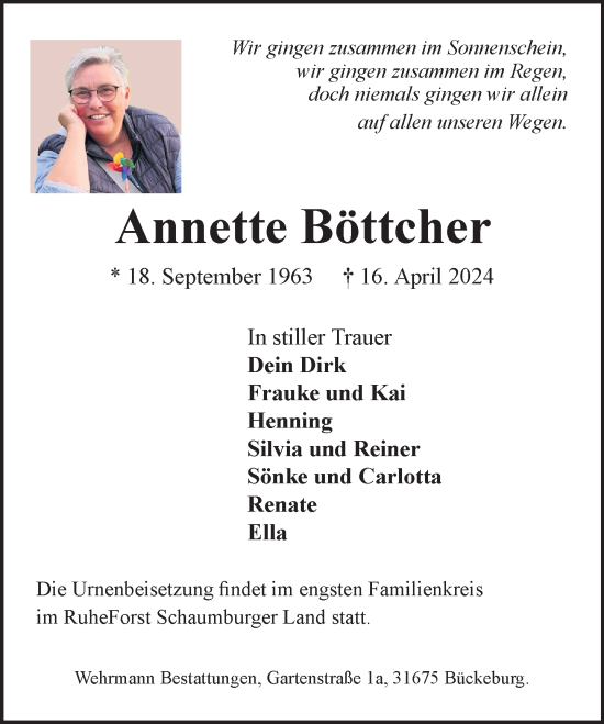 Traueranzeige von Annette Böttcher von Schaumburger Nachrichten