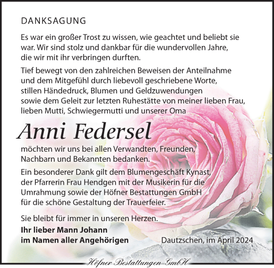 Traueranzeige von Anni Federsel von Torgauer Zeitung