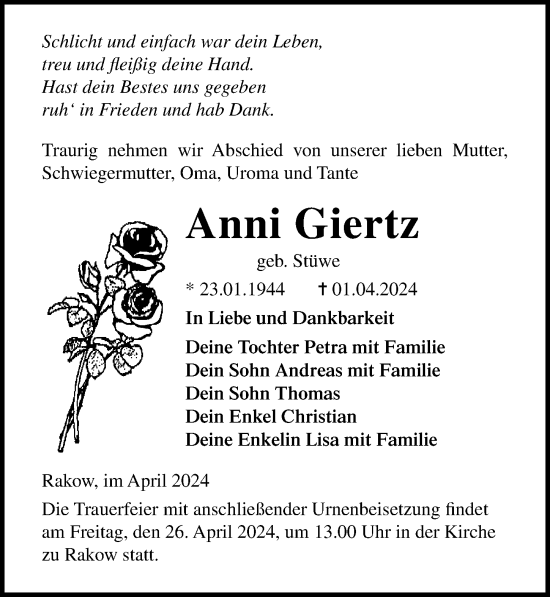 Traueranzeige von Anni Giertz von Ostsee-Zeitung GmbH