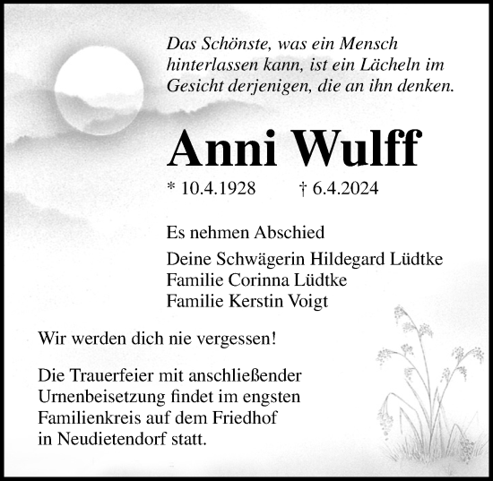 Traueranzeige von Anni Wulff von Ostsee-Zeitung GmbH