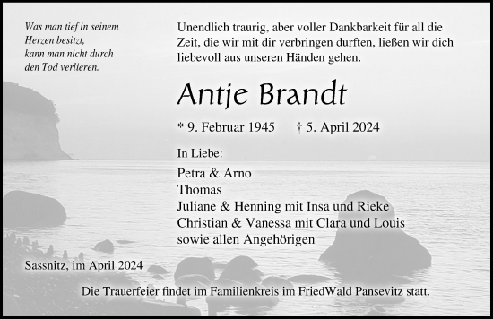 Traueranzeige von Antje Brandt von Ostsee-Zeitung GmbH