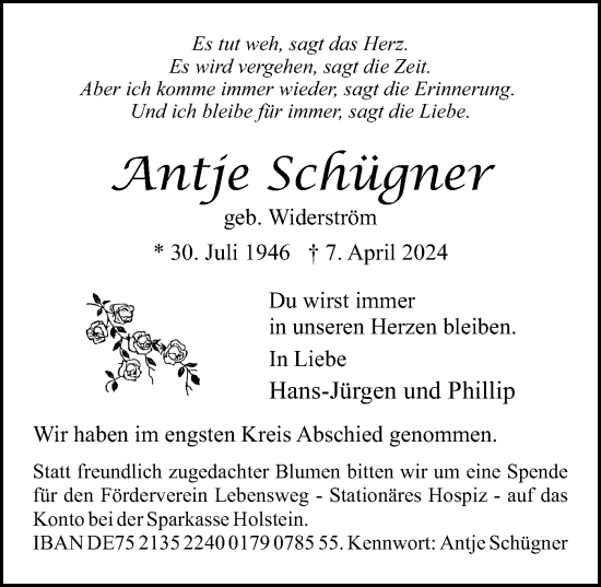Traueranzeige von Antje Schügner von Lübecker Nachrichten