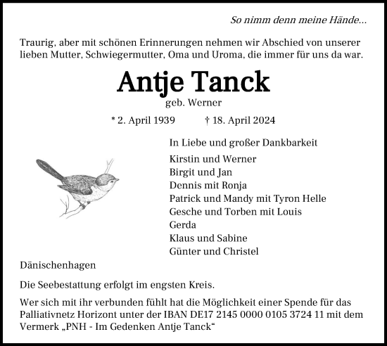 Traueranzeige von Antje Tanck von Kieler Nachrichten