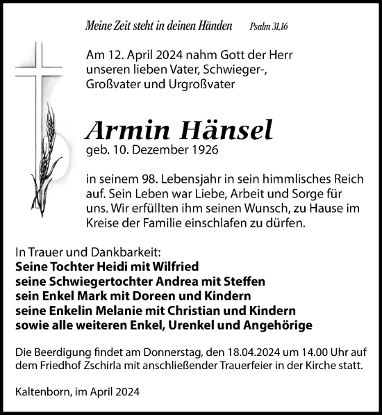 Traueranzeige von Armin Hänsel von Leipziger Volkszeitung