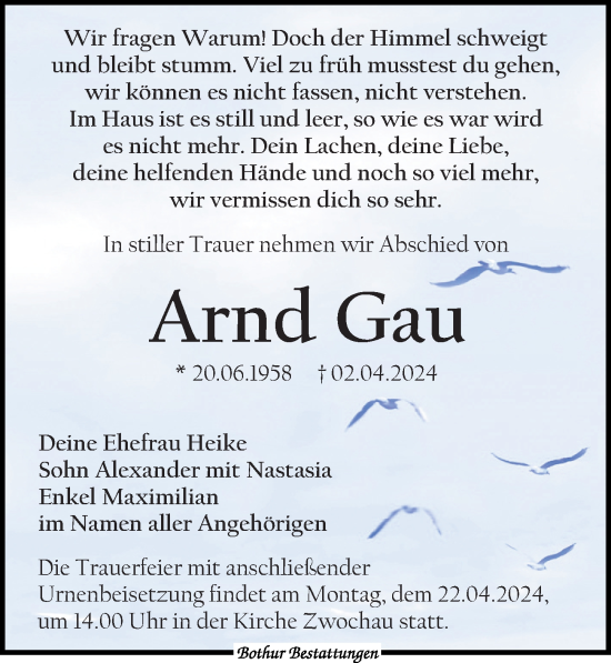 Traueranzeige von Arnd Gau von Leipziger Volkszeitung