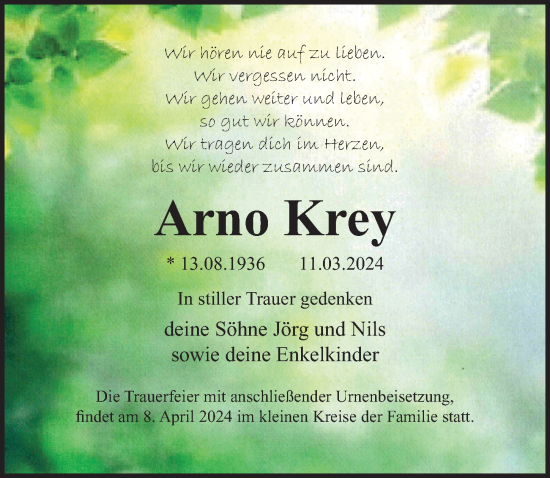 Traueranzeige von Arno Krey von Ostsee-Zeitung GmbH