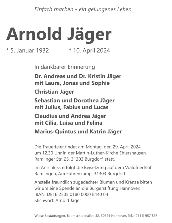 Traueranzeige von Arnold Jäger von Hannoversche Allgemeine Zeitung/Neue Presse