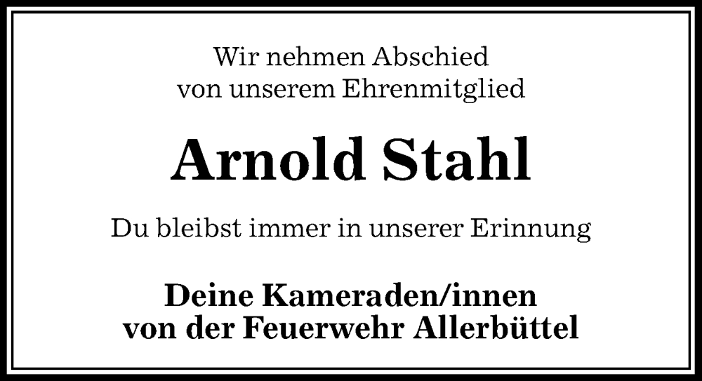  Traueranzeige für Arnold Stahl vom 04.04.2024 aus Aller Zeitung