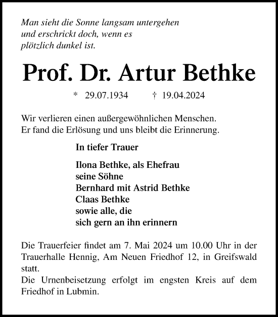 Traueranzeige von Artur Bethke von Ostsee-Zeitung GmbH