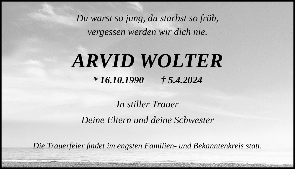  Traueranzeige für Arvid Wolter vom 20.04.2024 aus Ostsee-Zeitung GmbH